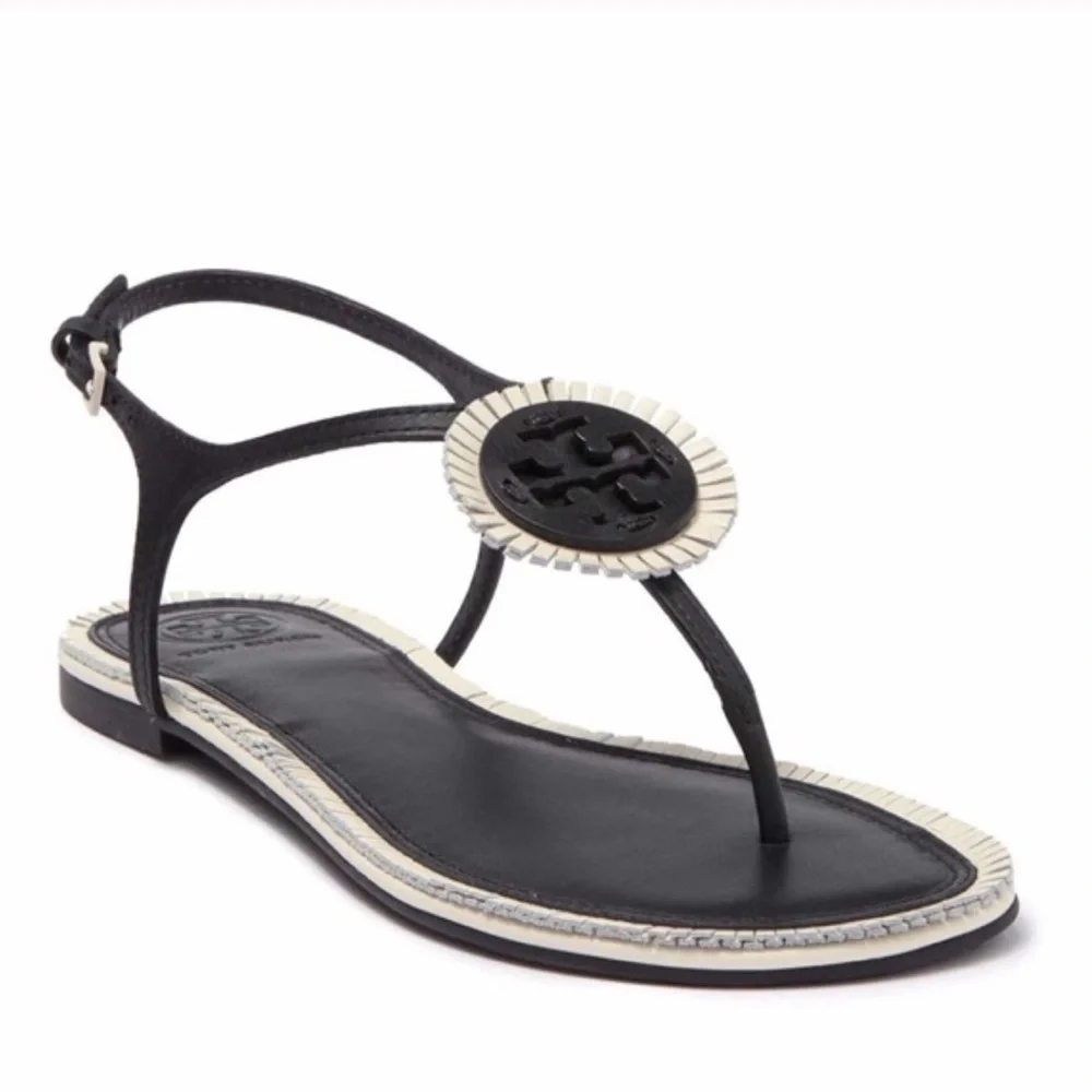 Tory Burch Miller Fringe Ankle Strap Sandals - Black & Off White